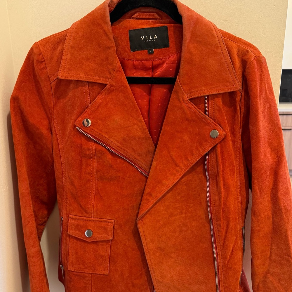 Suede biker jacket with silver hardware